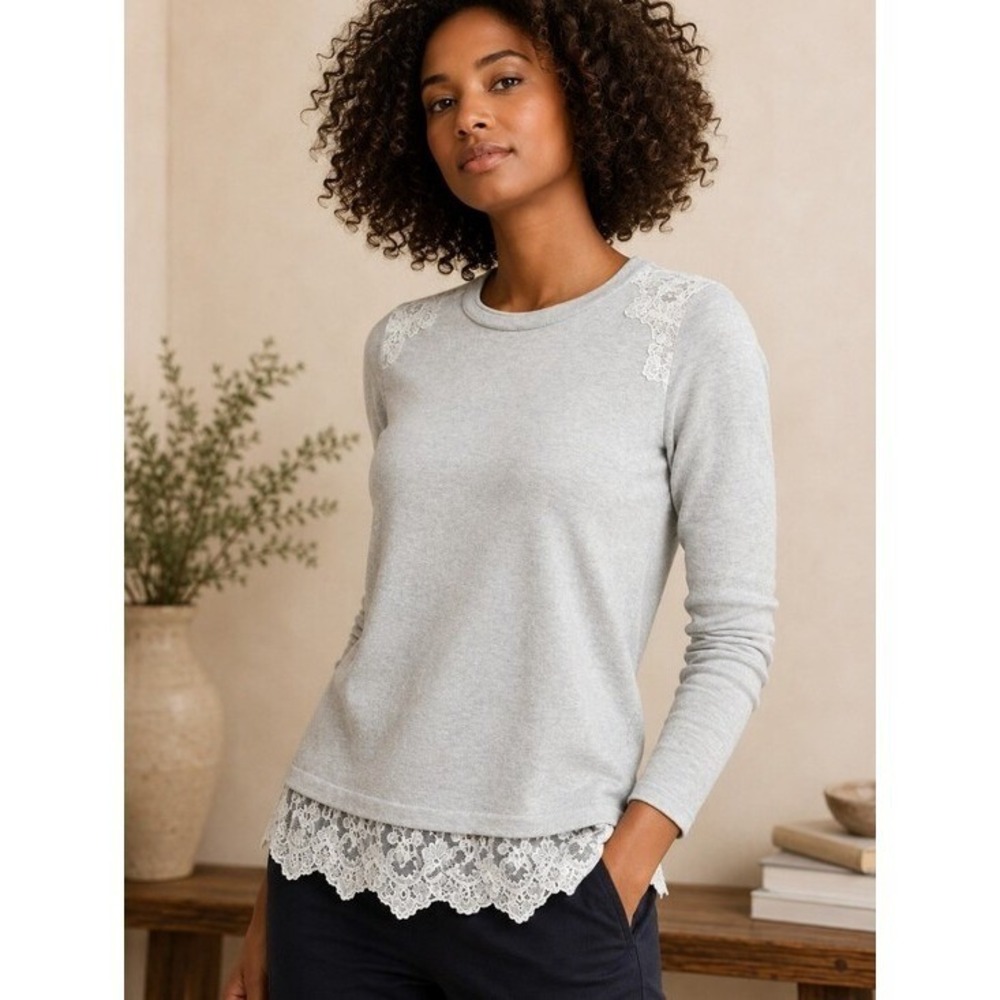 Boden Gray Lace Trim Long Sleeve Knit Sweater Top Womens Size 8